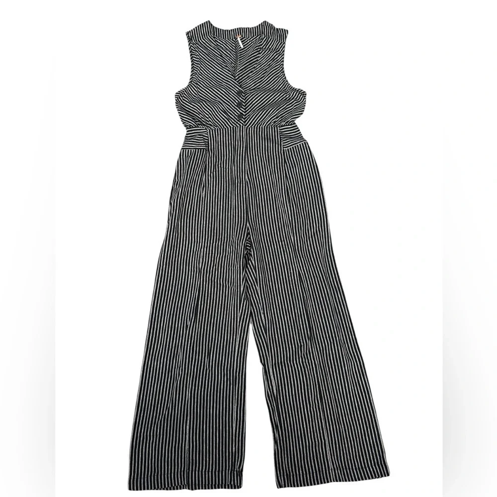 Free People The Liberty Jumpsuits Wide Leg Cotton Black White Striped Size 0